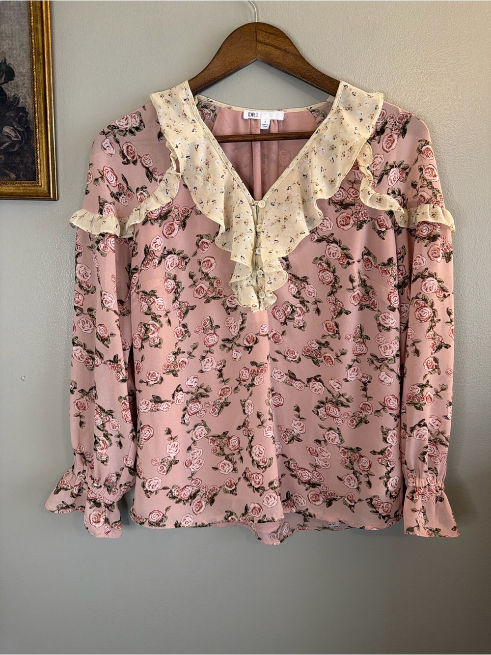 DR2 Pink Rose Floral Ruffle Blouse Small Cottagecore Romantic Boho - Picture 4 of 11